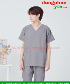 Bộ scrubs cổ tim nam màu ghi xám cao cấp