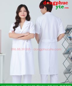 Áo blouse trắng nam - nữ cao cấp chuẩn form - Áo blu cộc tay, dáng dài cho bác sĩ, thẩm mỹ viện