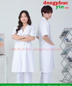 Áo blouse trắng nam - nữ cao cấp chuẩn form - Áo blu cộc tay, dáng dài cho bác sĩ, thẩm mỹ viện