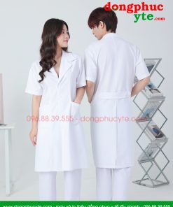 Áo blouse trắng nam - nữ cao cấp chuẩn form - Áo blu cộc tay, dáng dài cho bác sĩ, thẩm mỹ viện