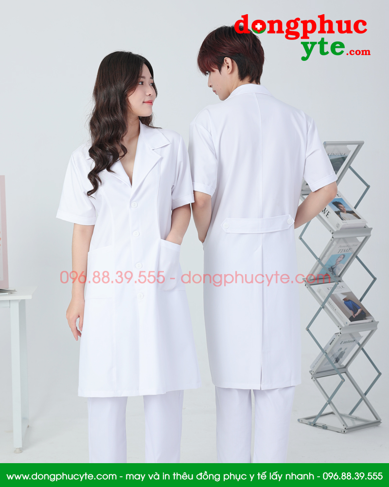 Áo blouse trắng nam - nữ cao cấp chuẩn form - Áo blu cộc tay, dáng dài cho bác sĩ, thẩm mỹ viện