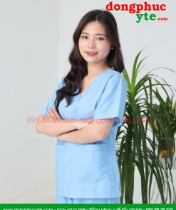 Bộ scrubs cổ tim nữ màu xanh da trời cao cấp