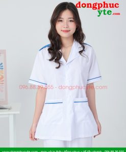 Áo blouse trắng điều dưỡng nam nữ có viền xanh và cầu vai - Áo blu điều dưỡng, y tá cho thực tập sinh