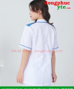 Áo blouse trắng điều dưỡng nam nữ có viền xanh và cầu vai - Áo blu điều dưỡng, y tá cho thực tập sinh