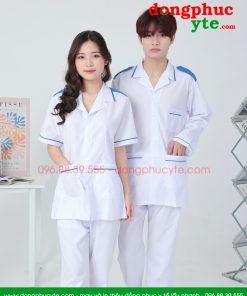Áo blouse trắng điều dưỡng nam nữ có viền xanh và cầu vai - Áo blu điều dưỡng, y tá cho thực tập sinh