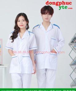 Áo blouse trắng điều dưỡng nam nữ có viền xanh và cầu vai - Áo blu điều dưỡng, y tá cho thực tập sinh