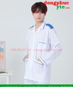 Áo blouse trắng điều dưỡng nam nữ có viền xanh và cầu vai - Áo blu điều dưỡng, y tá cho thực tập sinh