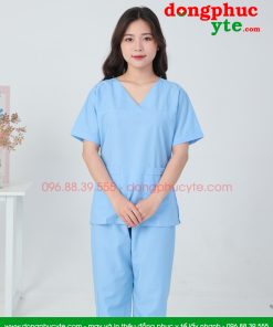 Bộ scrubs cổ tim nữ màu xanh da trời cao cấp