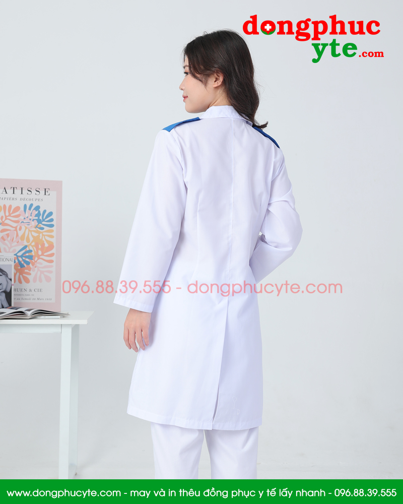 Bộ quần Áo blouse điều dưỡng nam nữ dáng dài có cầu vai – áo điều dưỡng, y tá thực tập sinh dài tay có cầu vai