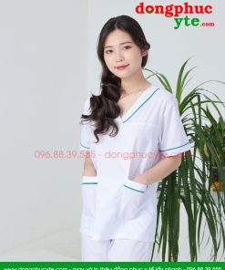Bộ blouse cổ tim nữ - bộ scrubs kỹ thuật viên màu trắng có viền xanh