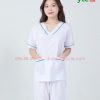 Bộ blouse cổ tim nữ - bộ scrubs kỹ thuật viên màu trắng có viền xanh