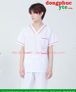Bộ blouse cổ tim nam - bộ scrubs kỹ thuật viên màu trắng có viền đỏ nam cộc tay cho bác sỹ, điều dưỡng, dược sỹ