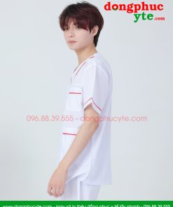 Bộ blouse cổ tim nam - bộ scrubs kỹ thuật viên màu trắng có viền đỏ nam cộc tay cho bác sỹ, điều dưỡng, dược sỹ