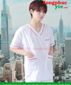 Bộ blouse cổ tim nam - bộ scrubs kỹ thuật viên màu trắng có viền đỏ nam cộc tay cho bác sỹ, điều dưỡng, dược sỹ