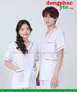 Bộ blouse cổ tim nam nữ- bộ scrubs kỹ thuật viên màu trắng có viền nam nữ cộc tay cho bác sỹ, điều dưỡng, dược sỹ