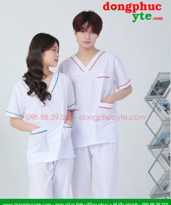 Bộ blouse cổ tim nam nữ- bộ scrubs kỹ thuật viên màu trắng có viền nam nữ cộc tay cho bác sỹ, điều dưỡng, dược sỹ