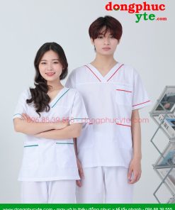 Bộ blouse cổ tim nam nữ- bộ scrubs kỹ thuật viên màu trắng có viền nam nữ cộc tay cho bác sỹ, điều dưỡng, dược sỹ