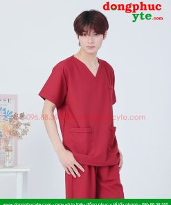 Bộ scrubs bác sĩ phẫu thuật, phòng khám-bộ cổ tim kỹ thuật viên spa, thẩm mỹ viện màu đỏ cao cấp