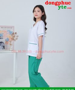 Bộ quần áo blouse trắng viền xanh kết hợp quần xanh