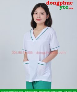Bộ quần áo blouse trắng viền xanh kết hợp quần xanh