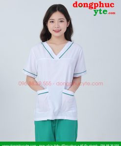 Bộ quần áo blouse trắng viền xanh kết hợp quần xanh
