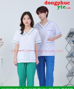 Bộ quần áo blouse trắng viền xanh kết hợp quần xanh