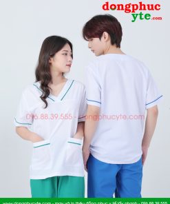 Bộ quần áo blouse trắng viền xanh kết hợp quần xanh