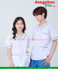 Bộ quần áo blouse trắng viền xanh kết hợp quần xanh