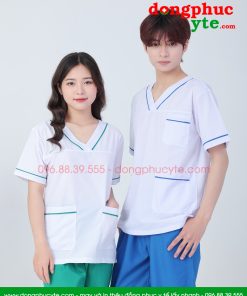 Bộ quần áo blouse trắng viền xanh kết hợp quần xanh