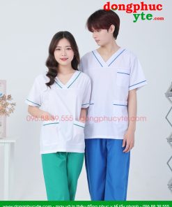 Bộ quần áo blouse trắng viền xanh kết hợp quần xanh