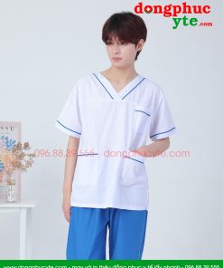 Bộ quần áo blouse trắng viền xanh kết hợp quần xanh