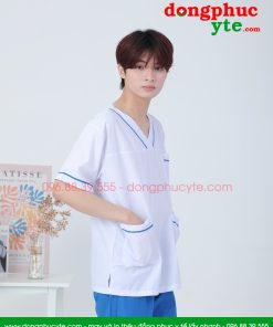 Bộ quần áo blouse trắng viền xanh kết hợp quần xanh