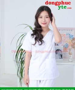 Quần áo spa trắng cổ tim nam nữ cộc tay cho kĩ thuật viên spa