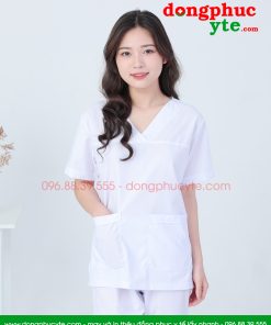 Quần áo spa trắng cổ tim nam nữ cộc tay cho kĩ thuật viên spa