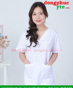 Quần áo spa trắng cổ tim nam nữ cộc tay cho kĩ thuật viên spa