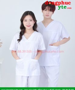 Quần áo spa trắng cổ tim nam nữ cộc tay cho kĩ thuật viên spa