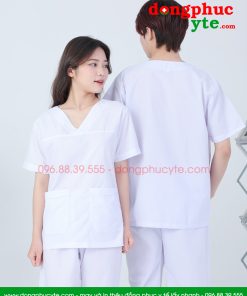 Quần áo spa trắng cổ tim nam nữ cộc tay cho kĩ thuật viên spa