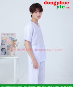 Quần áo spa trắng cổ tim nam nữ cộc tay cho kĩ thuật viên spa