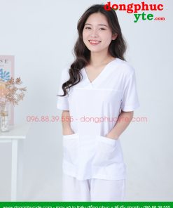 Quần áo spa trắng cổ tim nam nữ cộc tay cho kĩ thuật viên spa