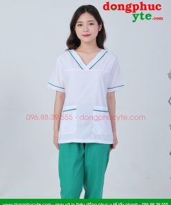 Bộ quần áo vệ sinh trắng viền xanh kết hợp quần xanh