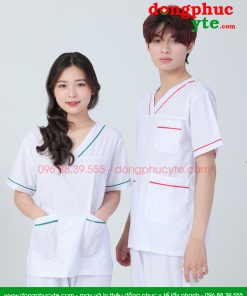 Bộ quần áo vệ sinh cổ tim nam nữ màu trắng có viền nam nữ cộc tay