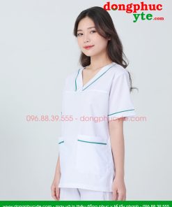 Bộ quần áo vệ sinh cổ tim nam nữ màu trắng có viền nam nữ cộc tay