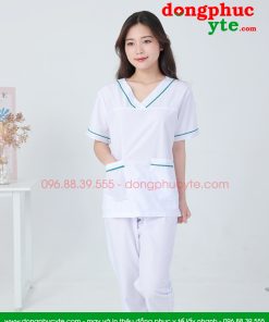 Bộ quần áo vệ sinh cổ tim nam nữ màu trắng có viền nam nữ cộc tay