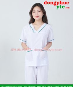 Bộ quần áo vệ sinh cổ tim nam nữ màu trắng có viền nam nữ cộc tay