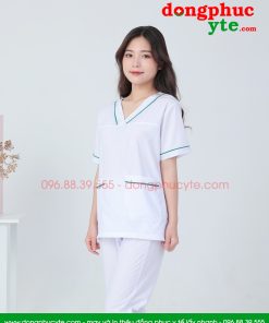 Bộ quần áo vệ sinh cổ tim nam nữ màu trắng có viền nam nữ cộc tay