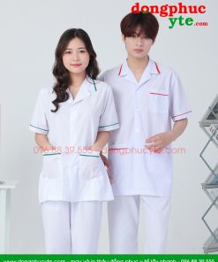 Quần áo vệ sinh trắng nam nữ cộc tay, dài tay - áo có viền