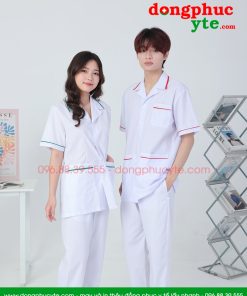 Quần áo vệ sinh trắng nam nữ cộc tay, dài tay - áo có viền