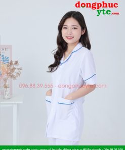 Quần áo vệ sinh trắng nữ cộc tay có viền xanh dương
