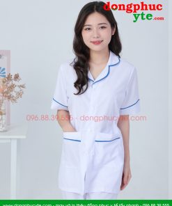 Quần áo vệ sinh trắng nữ cộc tay có viền xanh dương