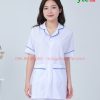 Quần áo vệ sinh trắng nữ cộc tay có viền xanh dương